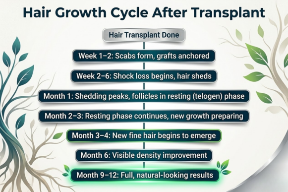 Hair growth cycle after hair transplant - month by month tree diagram from Rejuvena Cosmo Care Jaipur