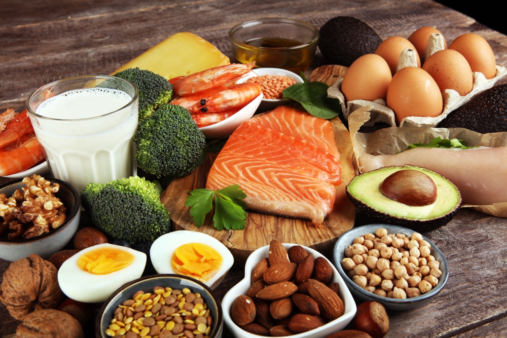 Protein-rich foods including eggs, lentils, and nuts that support healthy hair growth