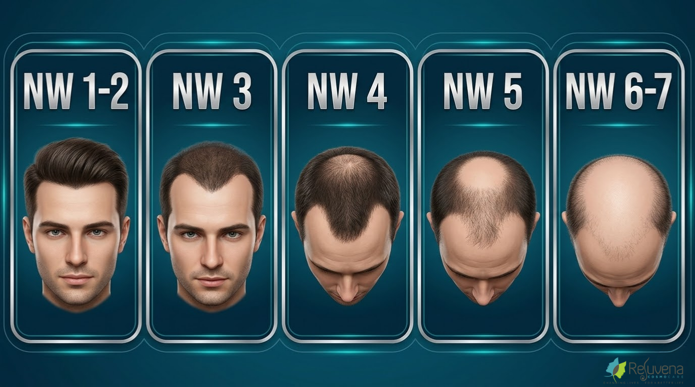 Norwood scale hair loss stages and estimated graft count for hair transplant - Rejuvena Cosmo Care Jaipur