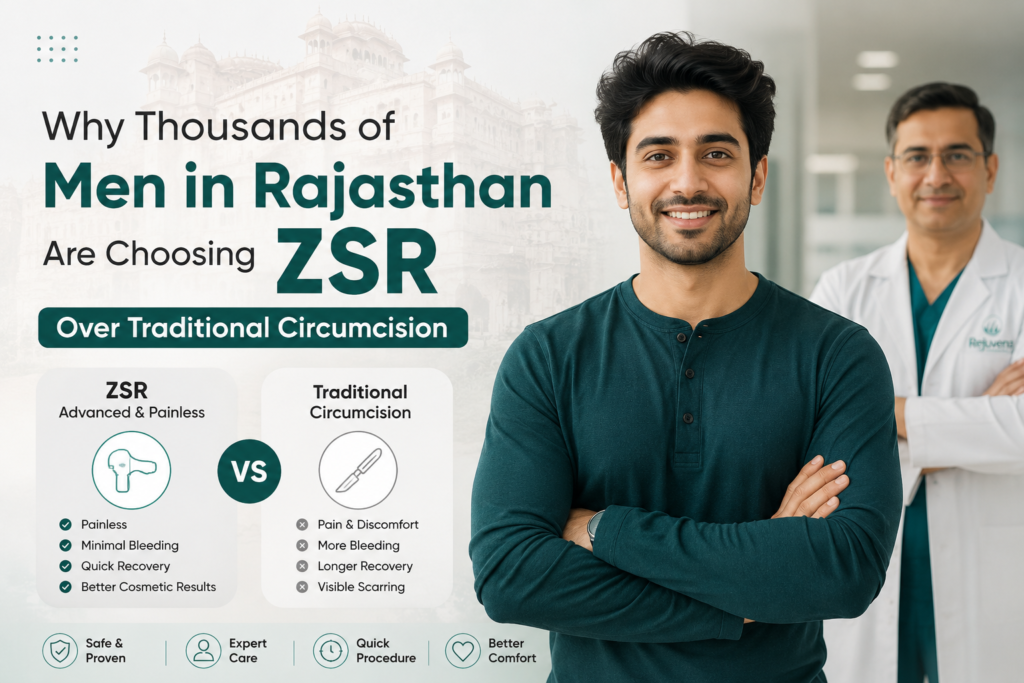 ZSR circumcision vs traditional circumcision comparison infographic showing benefits for men in Rajasthan.